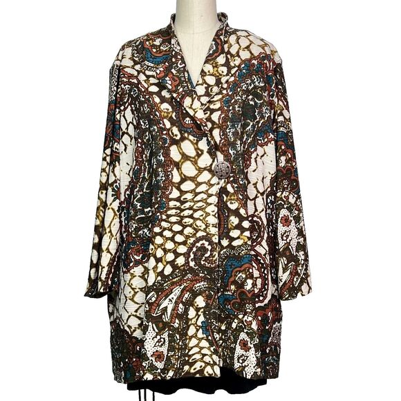Long Blazer Jacket Multiples Top Brown Cream Teal Paisley NWT Plus Sz 2X - Picture 2 of 12